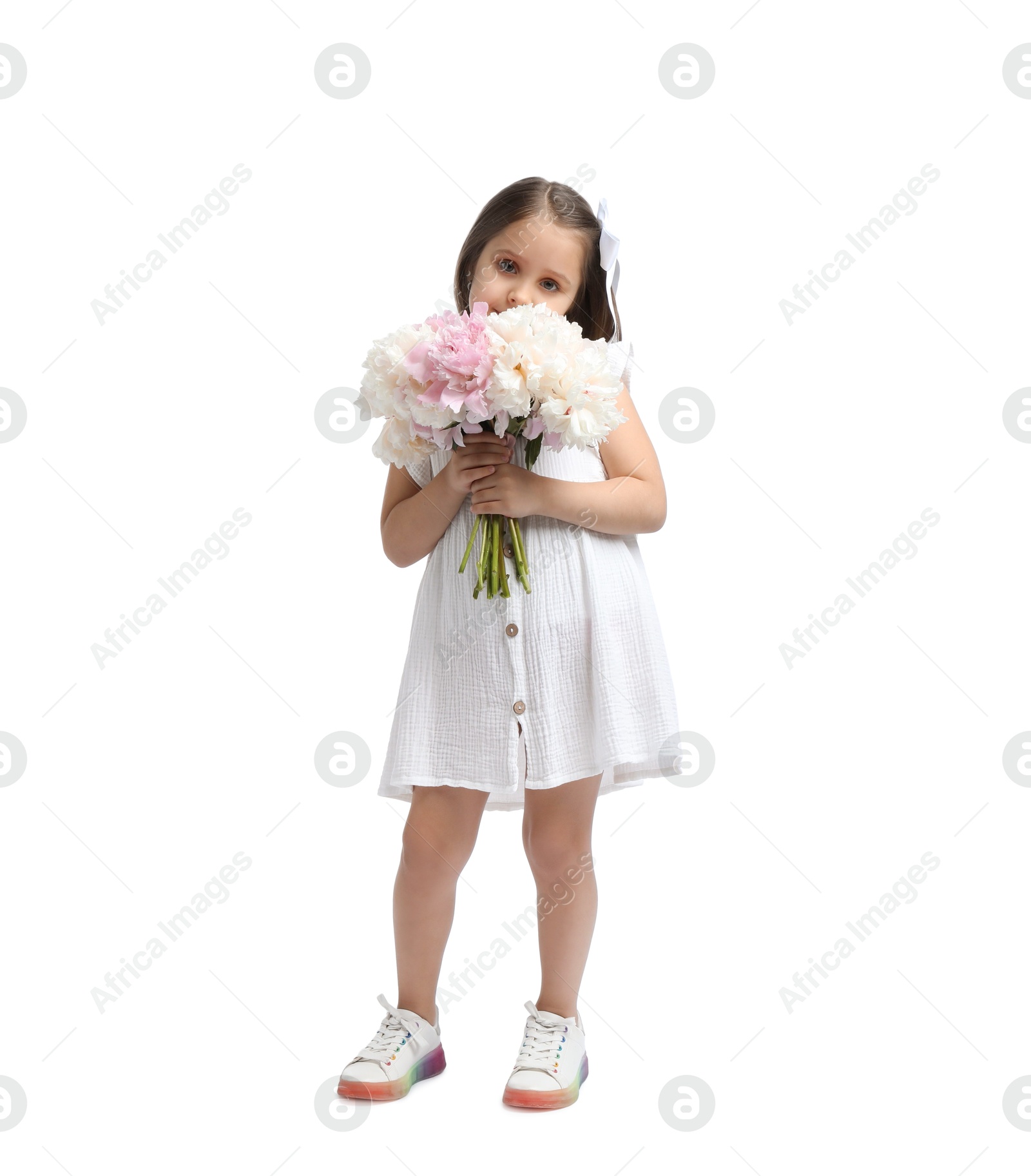 Cute little girl with bouquet of beautiful peonies on white background Photo of Cute little girl with bouquet of beautiful peonies on white background