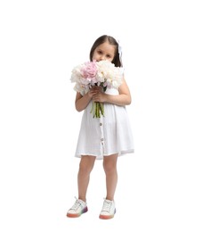 Photo of Cute little girl with bouquet of beautiful peonies on white background