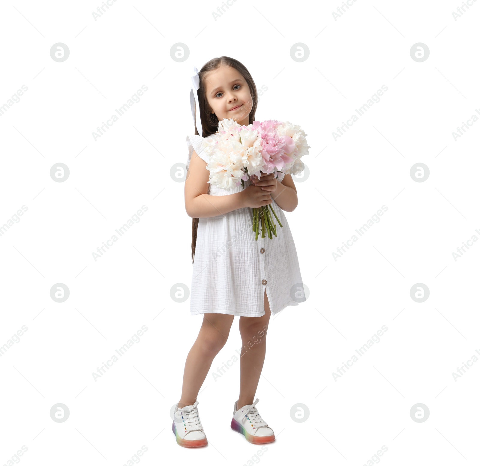 Cute little girl with bouquet of beautiful peonies on white background Photo of Cute little girl with bouquet of beautiful peonies on white background