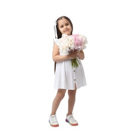 Photo of Cute little girl with bouquet of beautiful peonies on white background