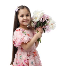 Photo of Cute little girl with bouquet of beautiful peonies on white background