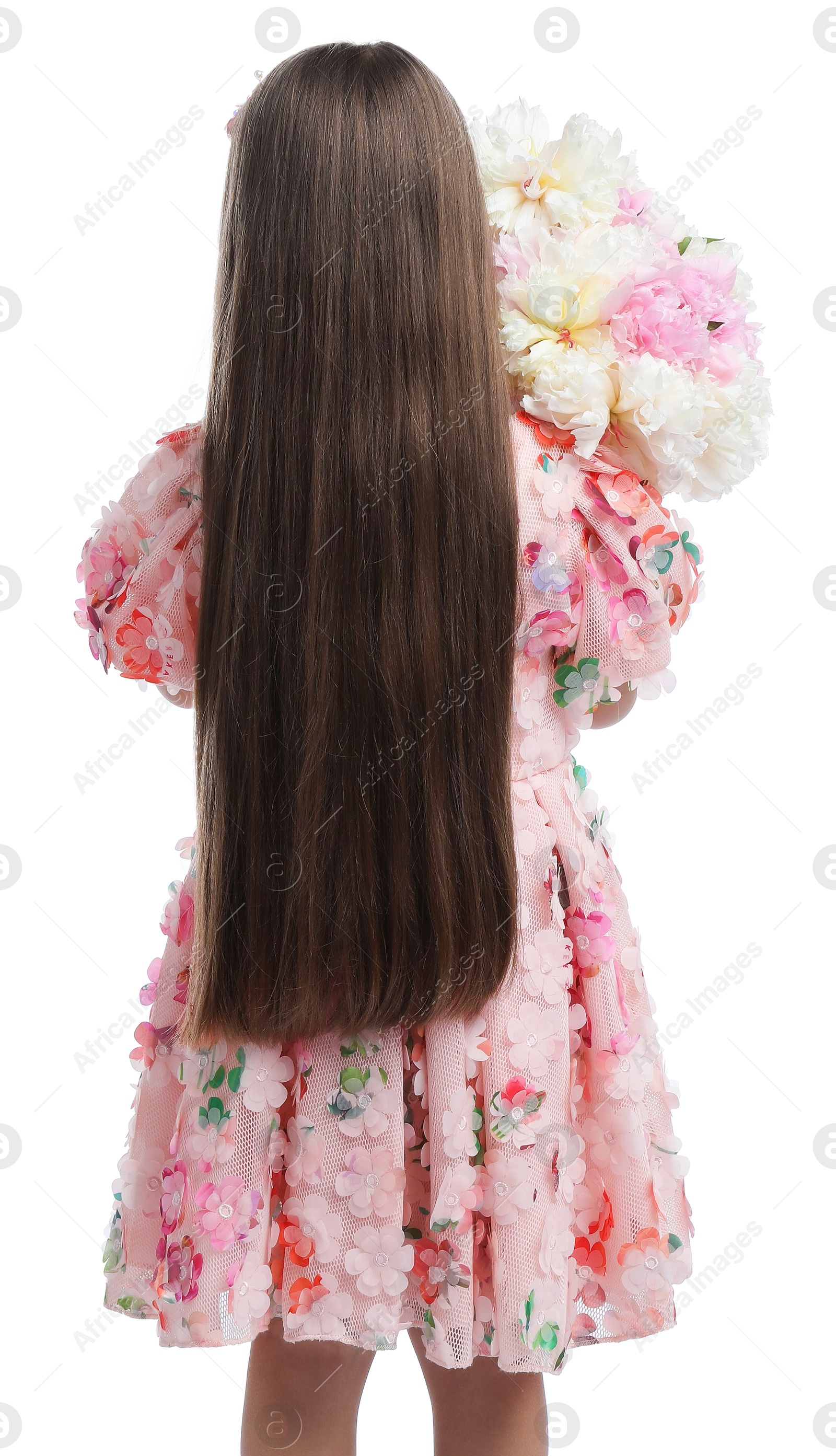 Little girl with bouquet of beautiful peonies on white background, back view Photo of Little girl with bouquet of beautiful peonies on white background, back view