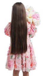 Photo of Little girl with bouquet of beautiful peonies on white background, back view