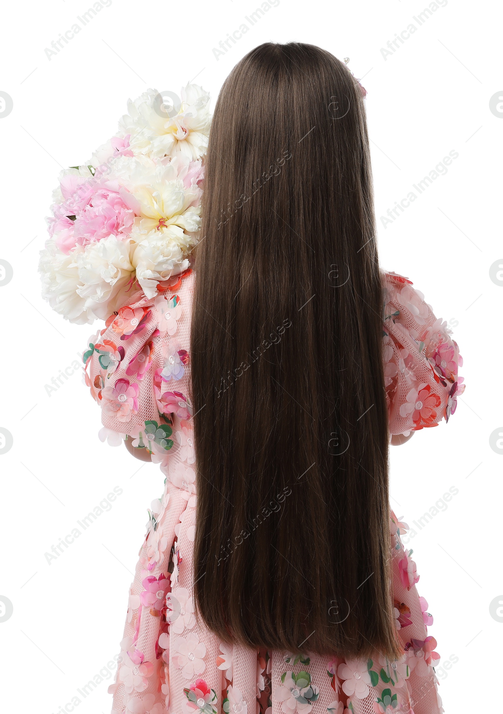 Little girl with bouquet of beautiful peonies on white background, back view Photo of Little girl with bouquet of beautiful peonies on white background, back view