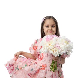 Photo of Cute little girl with bouquet of beautiful peonies on white background