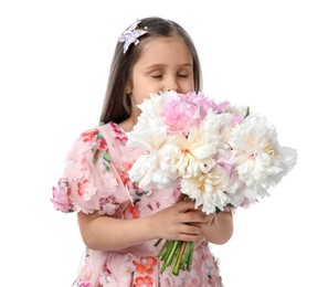 Photo of Cute little girl with bouquet of beautiful peonies on white background