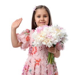 Photo of Cute little girl with bouquet of beautiful peonies on white background