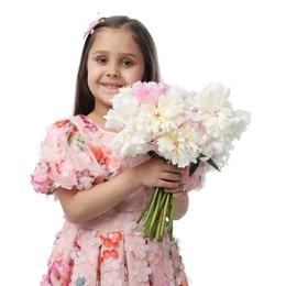 Photo of Cute little girl with bouquet of beautiful peonies on white background