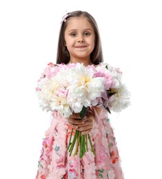 Photo of Cute little girl with bouquet of beautiful peonies on white background
