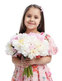 Photo of Cute little girl with bouquet of beautiful peonies on white background