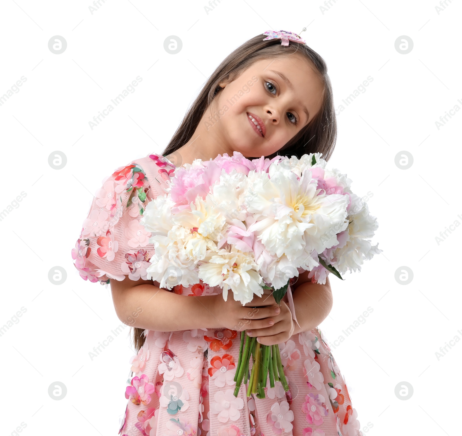 Photo of Cute little girl with bouquet of beautiful peonies on white background