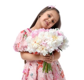 Photo of Cute little girl with bouquet of beautiful peonies on white background
