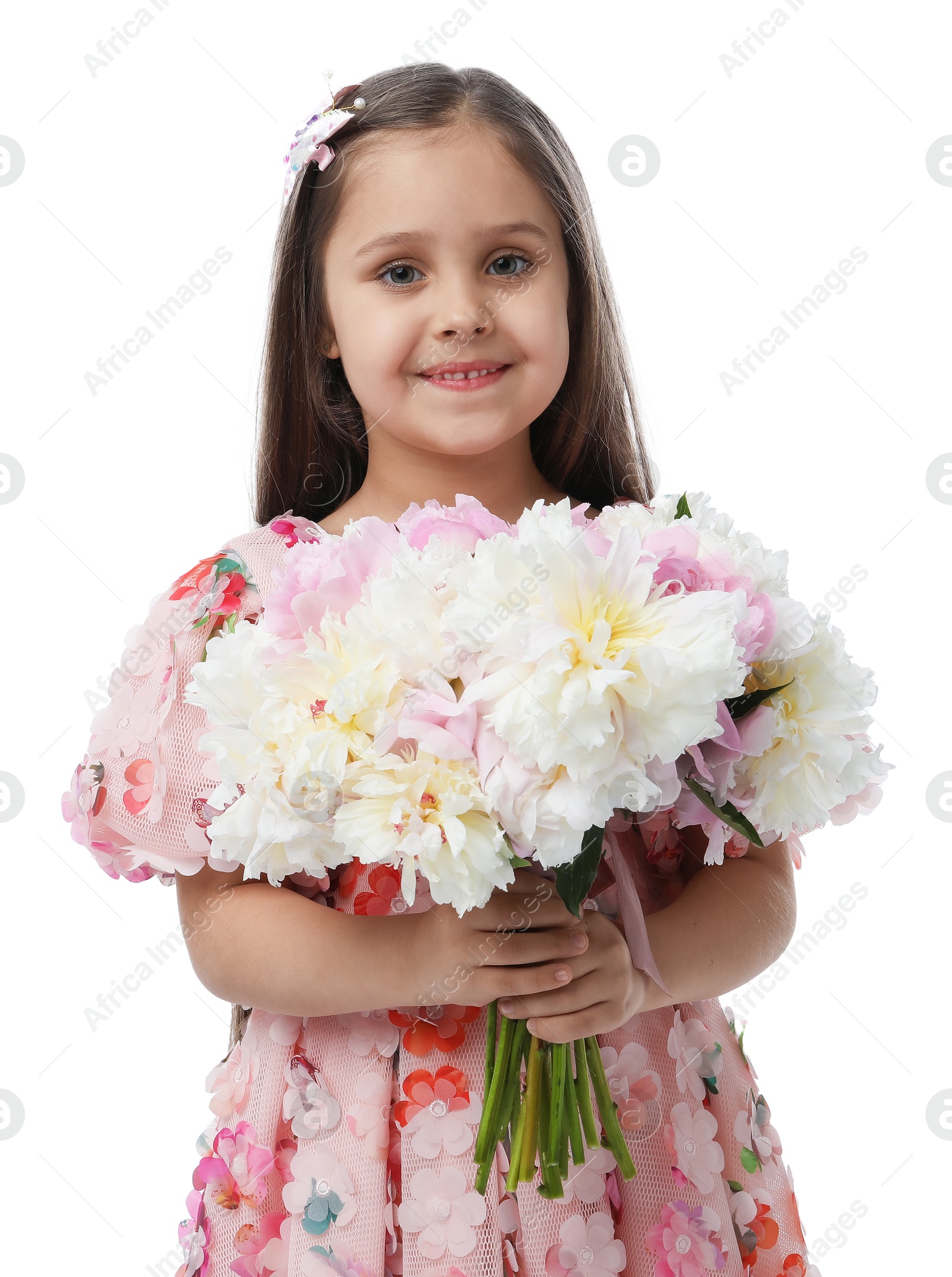 Photo of Cute little girl with bouquet of beautiful peonies on white background
