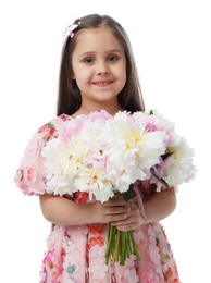 Photo of Cute little girl with bouquet of beautiful peonies on white background