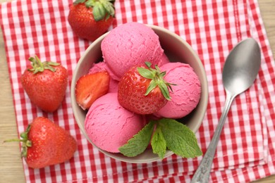 Photo of Refreshing sorbet, strawberries and mint on wooden table, top view