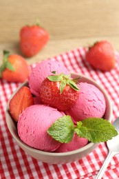 Photo of Refreshing sorbet, strawberries and mint on table, closeup