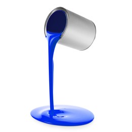 Image of Blue paint pouring out of can on white background