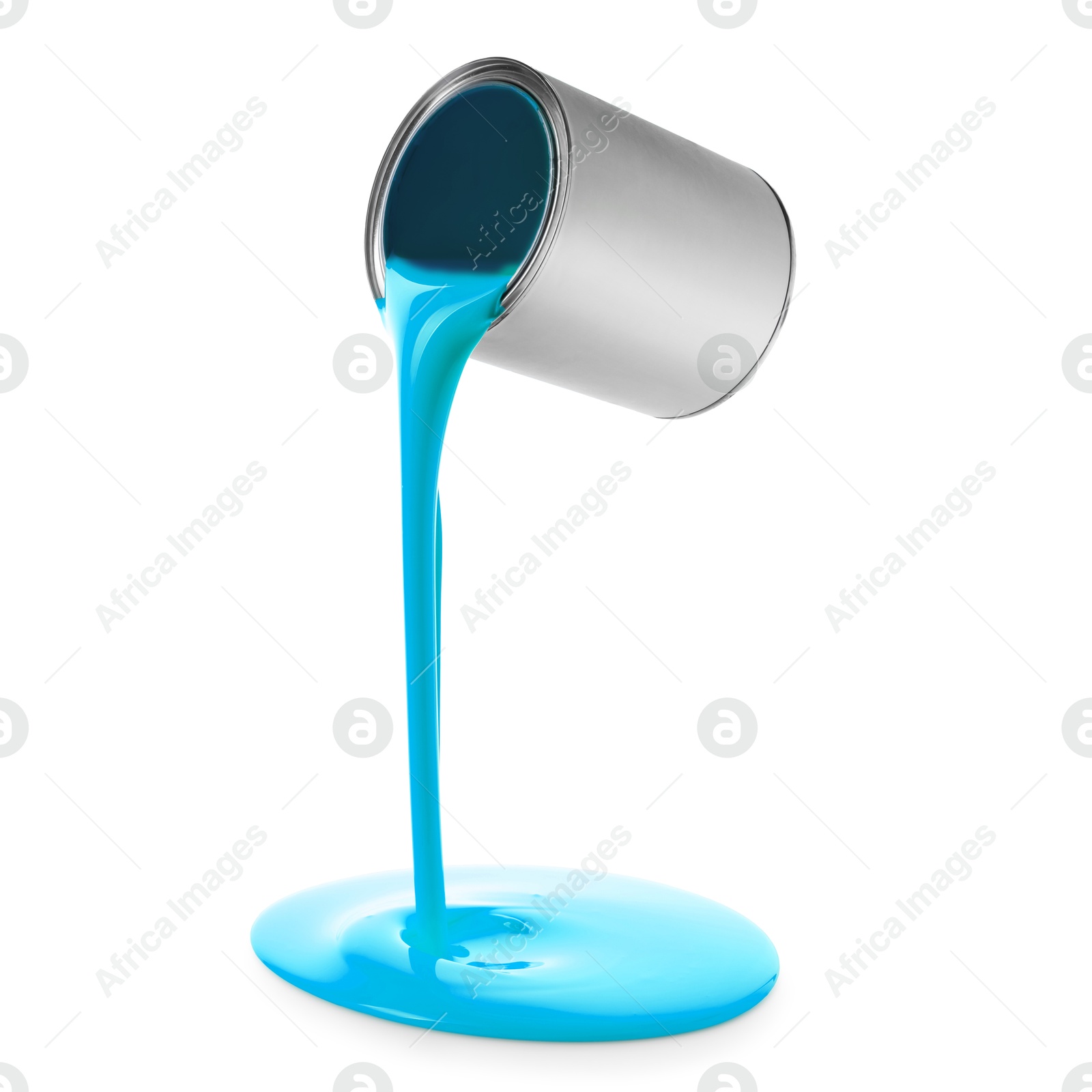 Light blue paint pouring out of can on white background Image of Light blue paint pouring out of can on white background