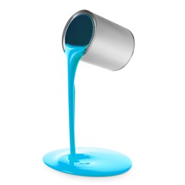 Image of Light blue paint pouring out of can on white background