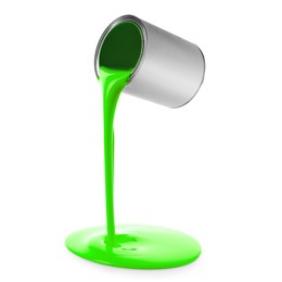 Image of Light green paint pouring out of can on white background