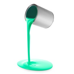 Image of Turquoise paint pouring out of can on white background