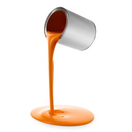 Image of Orange paint pouring out of can on white background