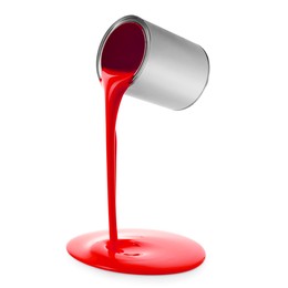 Image of Red paint pouring out of can on white background