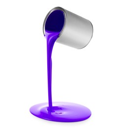 Image of Indigo color paint pouring out of can on white background