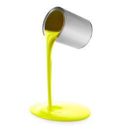 Image of Yellow paint pouring out of can on white background