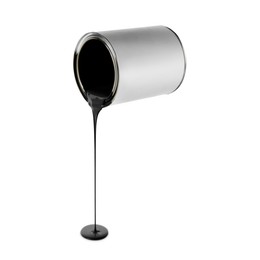 Image of Black paint pouring out of can on white background