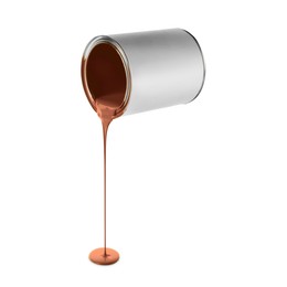 Image of Brown paint pouring out of can on white background