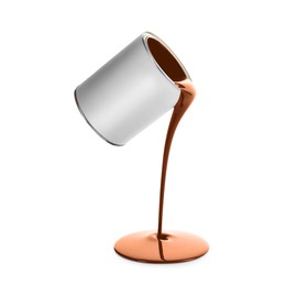 Image of Brown paint pouring out of can on white background