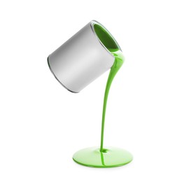 Image of Light green paint pouring out of can on white background