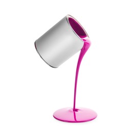Image of Pink paint pouring out of can on white background