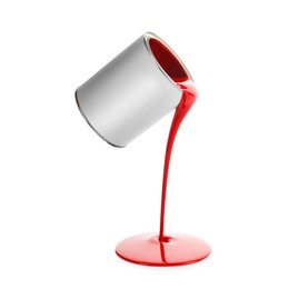 Image of Red paint pouring out of can on white background
