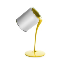 Image of Yellow paint pouring out of can on white background