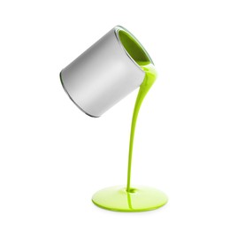 Image of Lime green paint pouring out of can on white background