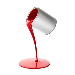 Image of Red paint pouring out of can on white background