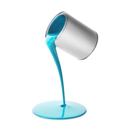 Image of Light blue paint pouring out of can on white background