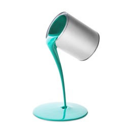 Image of Turquoise paint pouring out of can on white background