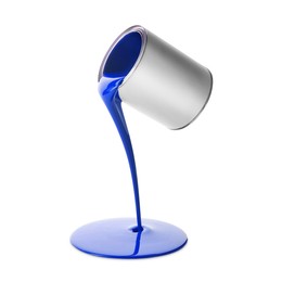 Image of Blue paint pouring out of can on white background