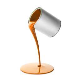 Image of Orange paint pouring out of can on white background