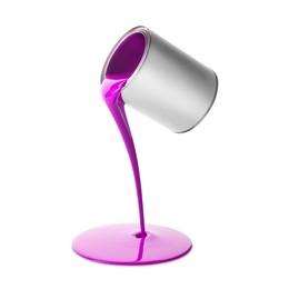 Image of Magenta color paint pouring out of can on white background