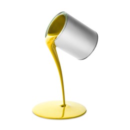 Image of Golden paint pouring out of can on white background