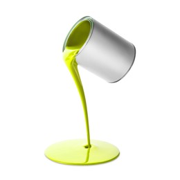 Image of Lime green paint pouring out of can on white background