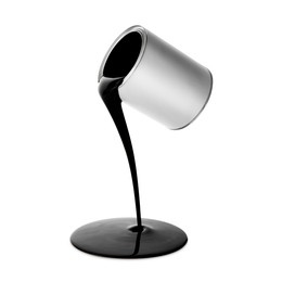 Image of Black paint pouring out of can on white background