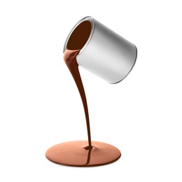 Image of Brown paint pouring out of can on white background