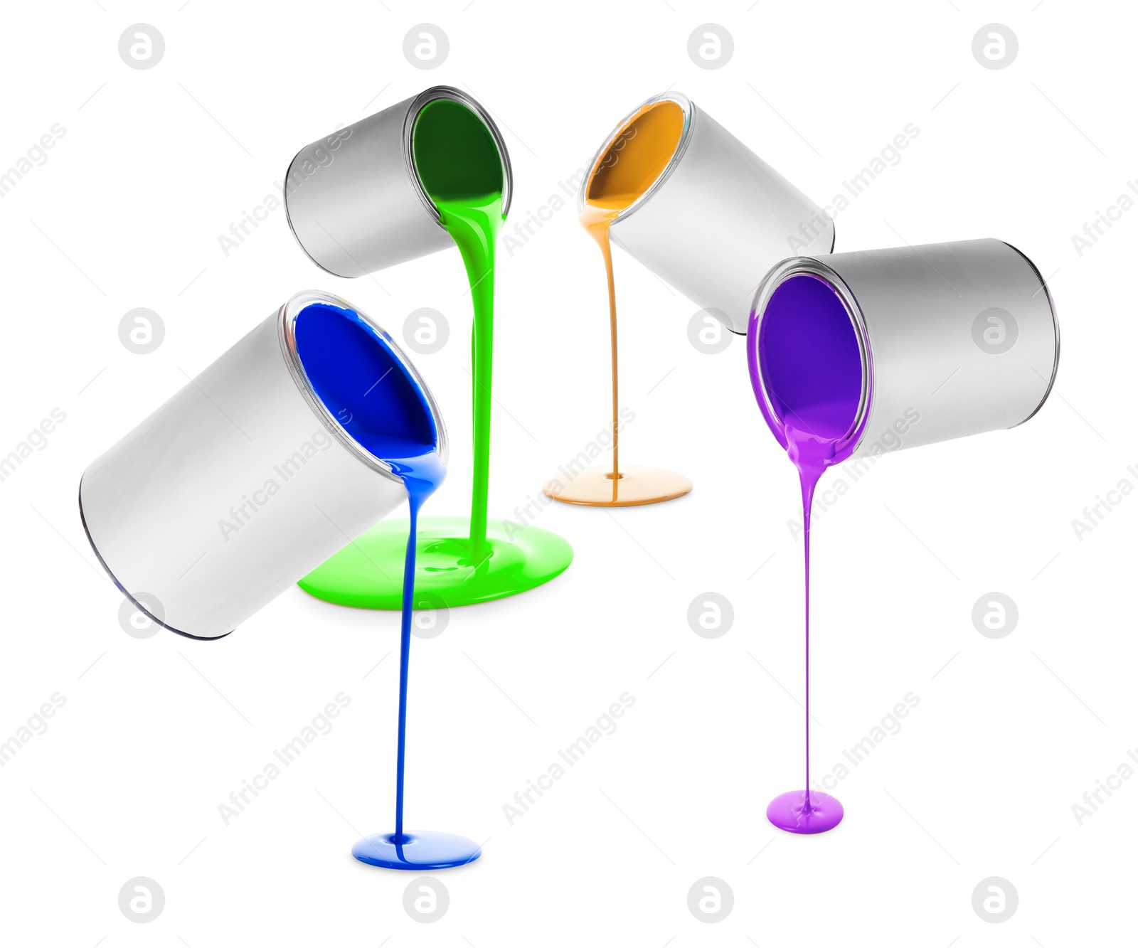 Paints of different colors pouring out of cans on white background, collage Image of Paints of different colors pouring out of cans on white background, collage