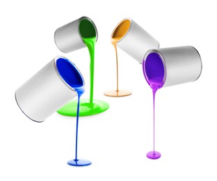 Image of Paints of different colors pouring out of cans on white background, collage