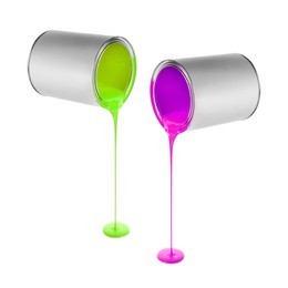 Image of Paints of different colors pouring out of cans on white background, collage